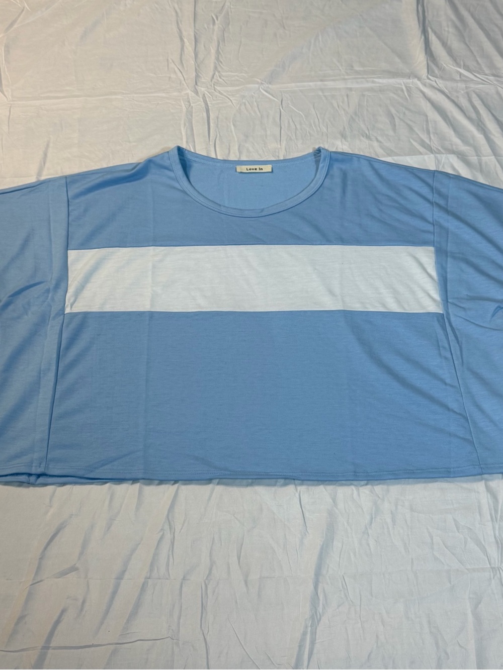 Love In Varsity Striped Crop Top Tee Blue White Short Sleeve Made in USA Size M